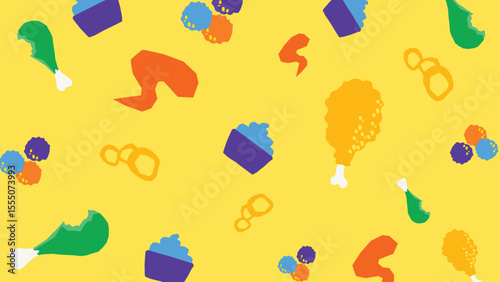 Crunchy drumsticks and food icons background