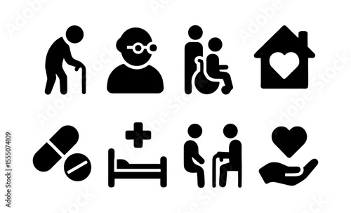 Healthcare support icons: elderly care, medicine, and accessibility symbols for medical services