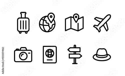 Travel icons set featuring luggage, globe, map, airplane, camera, passport, signpost, and hat