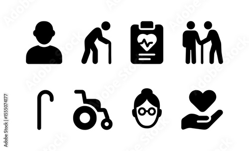 Essential health and care icons: elderly support, wellness tracking, disability access