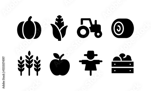 Set of farm icons: tractor, pumpkin, corn, scarecrow, apple, wheat, hay bale, produce box