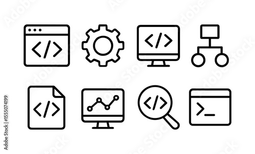 Web development icons: coding, gear, diagram, and analytics in minimalist style
