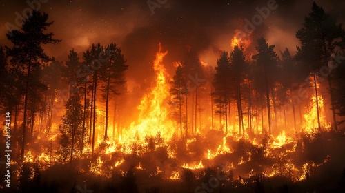 Raging wildfire engulfs a nighttime forest