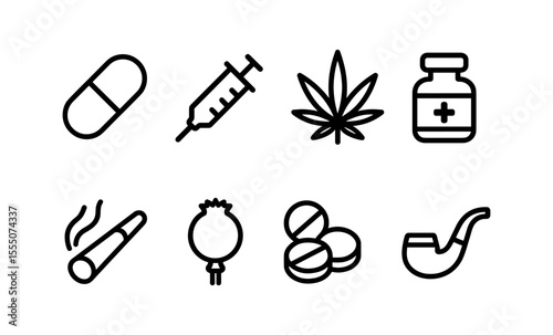 Substance icons set: pill, syringe, cannabis, medicine bottle, cigarette, poppy, tablets, pipe