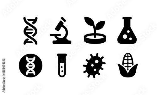 Biotechnology icons: dna, microscope, plant, flask, bacteria, test tube, corn