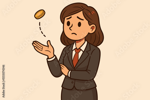 Worried businesswoman tossing a coin, making a decision based on chance. Concept of business uncertainty, risk management, financial gamble, and a difficult choice. Heads or tails dilemma.