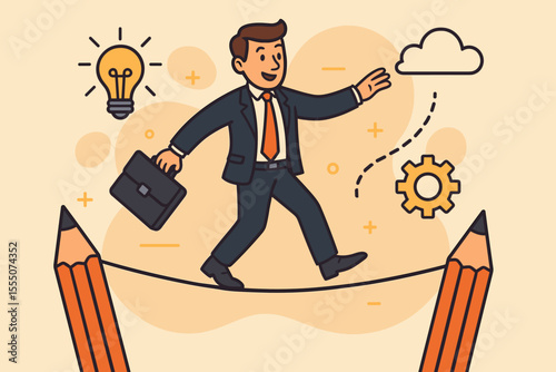 Businessman balancing on a creative tightrope. Business concept metaphor for risk, challenge, and innovation. Man on a path from idea lightbulb to process gear. Project management.