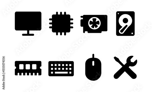 Computer hardware icons: monitor, cpu, graphics, hard drive, ram, keyboard, mouse, tools