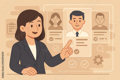 Human resources manager selecting job candidate on a digital interface. Virtual hiring, online recruitment, and talent acquisition technology. HR choosing new employee from resume profiles.