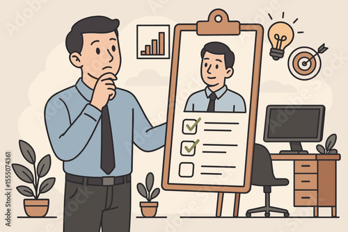 Self-improvement and career growth concept. Man evaluating his performance with a checklist. Employee self-assessment, goal setting, and professional development plan for success.