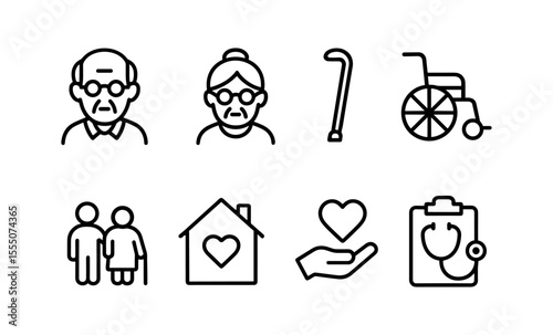 Elderly care icons: seniors, assistance, and healthcare symbols for wellbeing