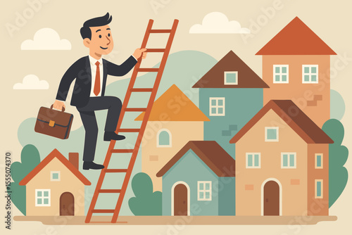 Real estate ladder concept with a businessman climbing towards houses. Metaphor for property investment, career growth, home ownership, mortgage, and success in the housing market.