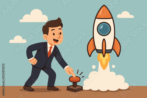 Entrepreneur launching startup rocket. Businessman presses red start button for new business project. Concept for innovation, vision, success and growth. Cartoon vector illustration.