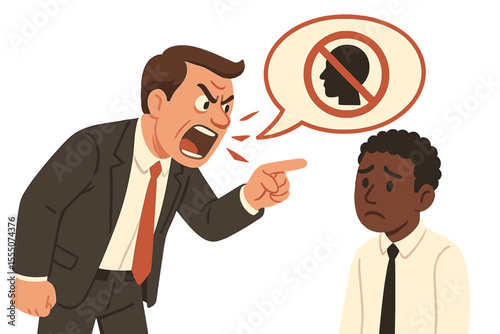 Workplace racism and bullying concept. Angry boss shouting hateful, racist remarks at a Black employee. Vector illustration of discrimination, racial prejudice, and toxic work environment.