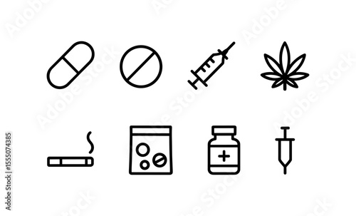 Medical and recreational drug icons: cannabis, pills, syringe, and more