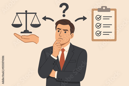 Decision making vector concept. Confused businessman facing a difficult choice. Man weighing pros and cons between ethics with scales of justice and regulations on a clipboard.