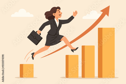 Businesswoman jumping up a bar chart. Career growth and success concept. Ambitious woman climbing the corporate ladder. Metaphor for progress, achievement, and moving forward.
