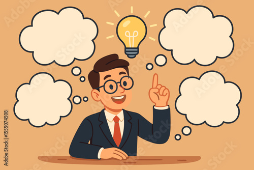 Businessman has a bright idea concept. Cartoon manager character with lightbulb and empty thought bubbles. Brainstorming session for innovation, creativity, and finding solutions. Vector.