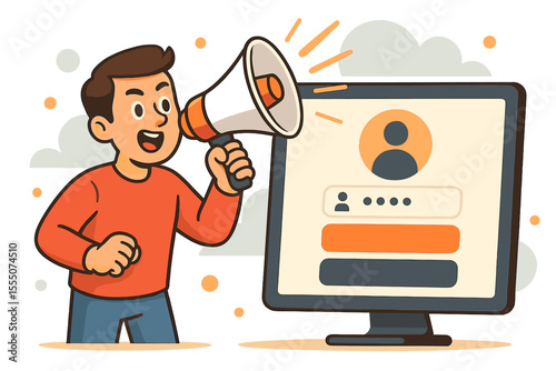 Man with megaphone promoting user registration and login. Call to action for account sign up on website. Online access with password concept. Marketing vector cartoon illustration.