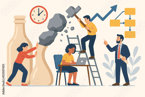 Bottleneck analysis and workflow improvement metaphor. Business team overcomes project management obstacles, breaking rock to solve problem. Concept of boosting efficiency and progress.