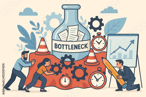 Bottleneck analysis and workflow improvement concept. Business team overcoming obstacles and process congestion. Project management solution for efficiency and productivity growth.