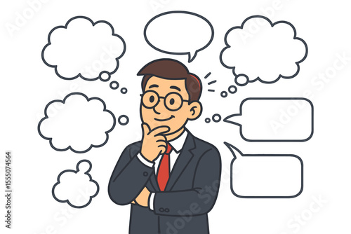 Businessman thinking concept with empty thought and speech bubbles. Brainstorming session for creative ideas and problem solving. Man planning business strategy. Vector character cartoon.