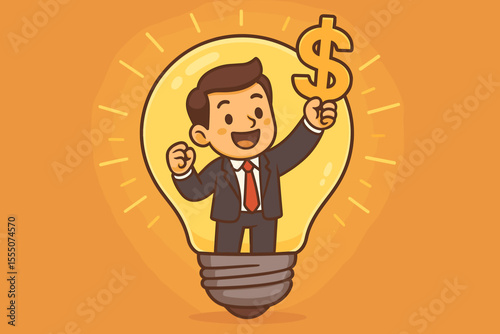 Happy businessman inside a bright light bulb holds a dollar sign. Metaphor for a profitable idea and financial success. Creativity, innovation, investment, and startup concept.