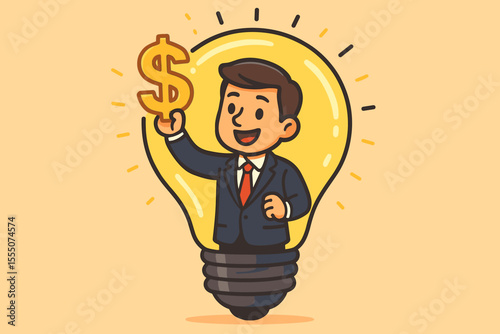 Bright idea generating profit concept. Businessman character inside a glowing light bulb holding a dollar sign. Creativity and innovation lead to financial success and money.