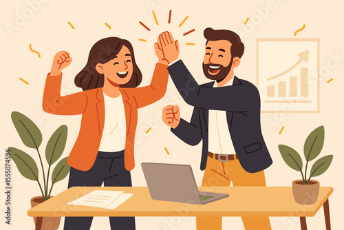 Business partners celebrating successful deal and teamwork, collaboration and project completion, startup success celebration, happy office colleagues high five, vector cartoon illustration