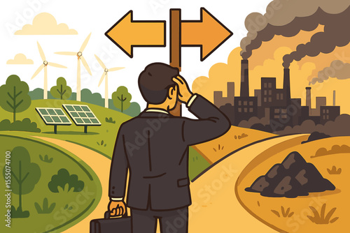 Businessman Decision at Crossroads Choosing Sustainable Green Energy or Polluting Industrial Path. Renewable Solar Wind Power vs Fossil Fuels. Environmental Impact Concept Vector Illustration
