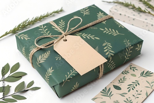 Gift box with green wrapping paper and blank kraft tag, perfect for gift packaging, holiday, birthday, party, present decoration, surprise, celebration