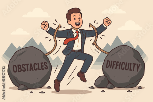 Businessman breaks free from the burden of difficulty and obstacles. Career growth concept. A man overcoming challenges by breaking ropes. Freedom, success, and liberation metaphor vector.