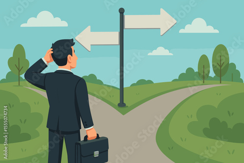 Businessman decision at crossroads choosing career path direction. Concept of business choices, leadership, opportunity, confusion, future planning, professional success. Vector illustration