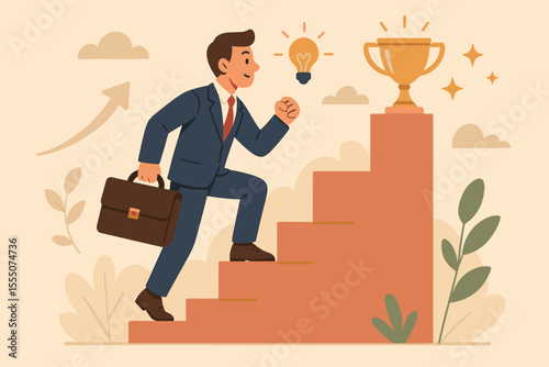 Businessman climbing career ladder stairs to success. Personal growth, motivation and achievement concept. Man walks up to trophy award. Progress and ambition vector illustration.