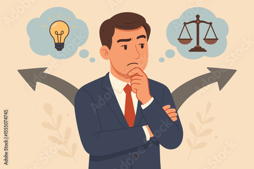 Businessman facing a difficult choice at a crossroads. Man weighing options between a creative idea and ethical law. Vector concept for business dilemma, decision making, strategy, priorities.