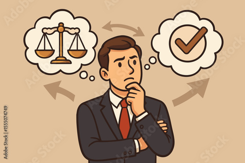 Businessman making a crucial choice, weighing options with scales of justice. Concept of dilemma, decision making, strategy, and problem solving. Man contemplating two different paths or solutions.