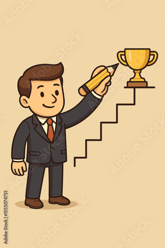 Businessman drawing his own path to success. Cartoon character creating stairs with a pencil to reach a golden trophy. Concept of career growth, ambition, and achieving goals.
