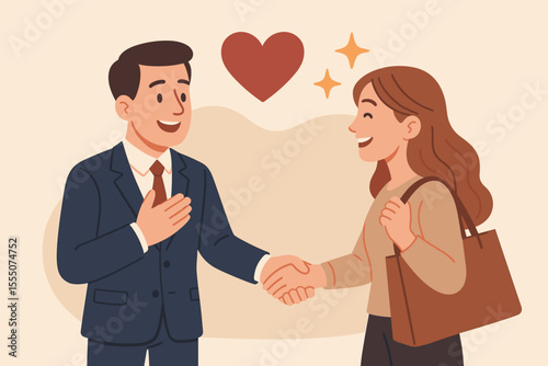 Businessman and happy customer shaking hands, building a strong emotional connection and trust. Customer loyalty, brand relationship, and satisfaction concept. Vector cartoon illustration.