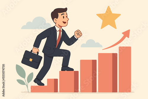 Businessman climbing career ladder stairs looking like a growth graph. Concept of success, ambition, personal development, motivation. Man with briefcase walking up to achieve star goal.