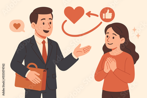 Customer relationship management concept. Businessman building trust and emotional connection with a happy client. Loyalty, feedback, and brand satisfaction vector illustration.