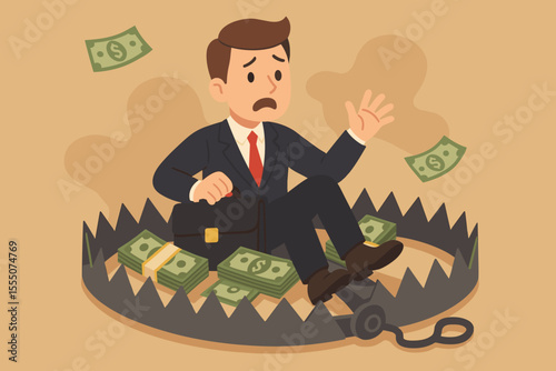 Businessman ensnared in a money trap, a metaphor for financial risks and debt. Concept of greed, bad investment, and captivity. Worried cartoon character facing bankruptcy or crisis.