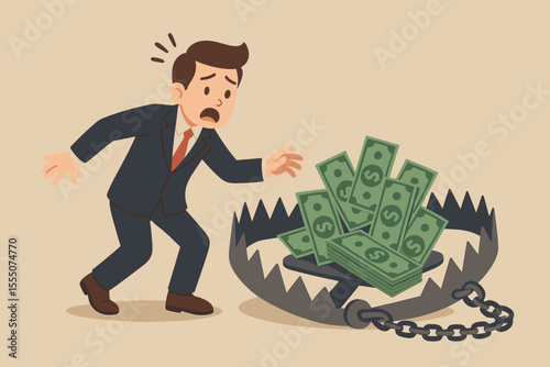 Businessman lured by money bait in a bear trap. Financial risk concept, debt crisis, bad investment danger. Greed and temptation metaphor. Cartoon vector illustration.