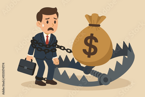 Businessman chained to a money bag in a bear trap. Financial risk and debt metaphor. Concept of greed, bad investment, and money trap. Man ensnared by desire for wealth. Vector.