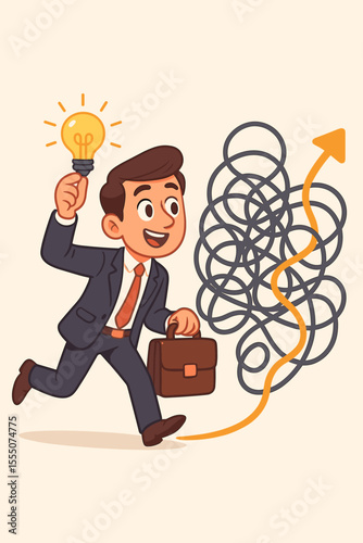 Businessman with a lightbulb idea finds a solution for a complex problem. Concept of strategy, innovation and creative thinking. Untangling chaos to find a clear path to success.