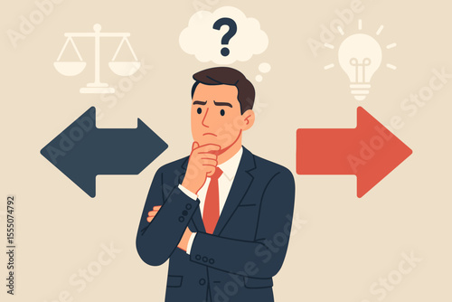 Businessman making a choice between two options. Concept of dilemma, strategy, and decision-making. Man at a crossroads weighing pros and cons with scales of justice and an idea lightbulb.