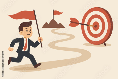 Concept of business goal and success. Cartoon businessman running on a winding path holding a flag. Career journey, mission, ambition, and strategy to reach the target. Vector.