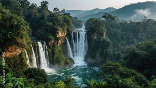 Lush green forest with waterfalls flowing over cliffs, surrounded by mountains and mist, creating a scenic tropical landscape