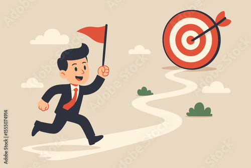 Businessman running on path to success holding a flag. Business goal achievement, career journey concept. Metaphor for mission, ambition, strategy, leadership and reaching target.