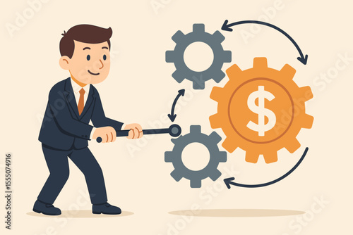Businessman operating financial gear system with lever. Business strategy and money-making concept. Economic mechanism for profit, investment, and growth. Workflow management vector.