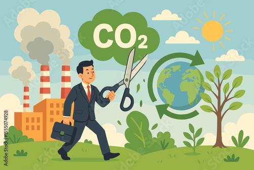 Businessman cutting CO2 emissions with giant scissors, reducing carbon footprint, factory pollution, environmental recovery, global warming solution, sustainable business, vector illustration